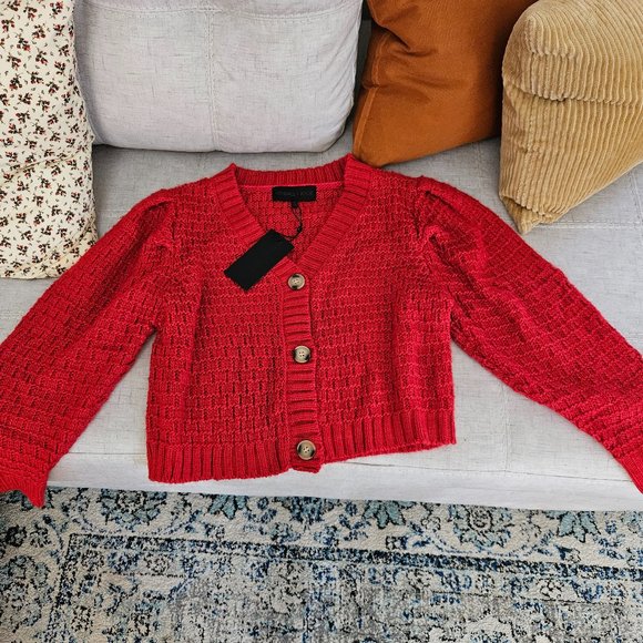 Kendall & Kylie Sweaters - Kendall & Kylie Womens Red Woven Cardigan 3-Button Cropped